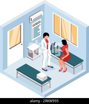 Woman having consultation with female therapist at hospital during health checkup 3d isometric isolated vector illustration Stock Vector