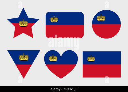 Liechtensteinische Flaggenvektorsymbole Satz von Illustrationen in Form von Herz, Stern, Kreis und Karte. Stock Vektor