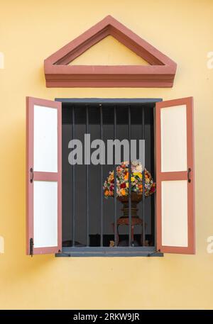 Ein Blumenstrauß in einer Vase in einem vergitterten Fenster Stockfoto