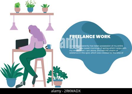 Frau, die am Schreibtisch auf der Laptop-Vektor-Landingpage arbeitet. Stock Vektor
