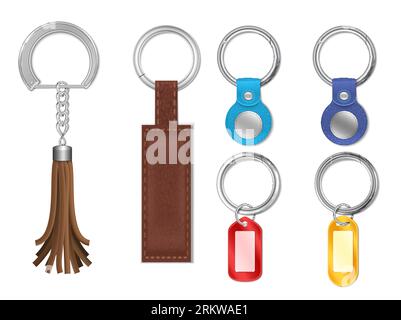Realistic set of silver metal keyrings with various leather and plastic pendants isolated vector illustration Stock Vektor