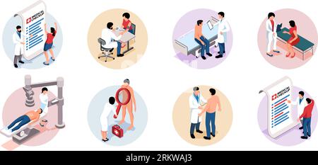 Set isometrischer isolierter Zusammensetzungen mit männlichen und weiblichen Patienten während der medizinischen Untersuchung am Krankenhaus 3d Vektorillustration Stock Vektor