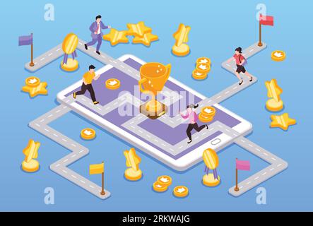 Gamification game strategy in business and education process isometric concept with adult people running to finish 3d vector illustration Stock Vector