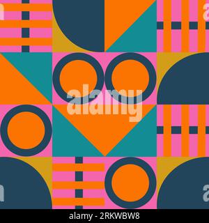 Handgezeichnetes nahtloses Muster mit abstraktem geometrischem Muster aus den 1980er Jahren und 80er Jahren mit auffälligem, farbenfrohem Kreistrieck. Flippige memphis Hipster Pink Teal Marineblau Gelb Achtziger Fashio Art, moderne zeitgenössische bauhaus-Textur Stockfoto