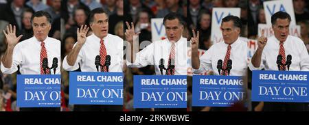 Bildnummer: 58658607  Datum: 01.11.2012  Copyright: imago/Xinhua (121101) -- RICHMOND, Nov. 1, 2012 (Xinhua) -- The combo photo shows U.S. Republican Presidential candidate Mitt Romney speaking during a campaign event in Richmond, Virginia, the United States, Nov. 1, 2012. With less than one week to go until the election day, Romney is campaigning in Virginia. (Xinhua/Fang Zhe) US-ELECTION-REPUBLICAN CAMPAIGN-ROMNEY PUBLICATIONxNOTxINxCHN Politik Wahlen Wahlkampf USA people Fotomontage xas x0x 2012 quer     58658607 Date 01 11 2012 Copyright Imago XINHUA  Richmond Nov 1 2012 XINHUA The Combo P Stock Photo