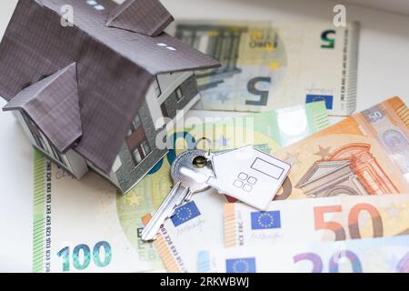 Modellhaus mit vielen Euro-Banknoten-Bundles Stockfoto