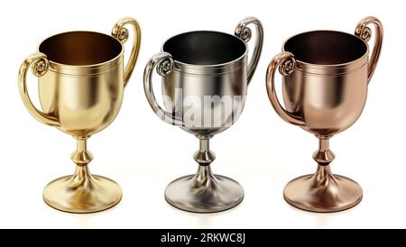 Gold-, Silber- und Bronze-Cups isoliert auf weißem Hintergrund. 3D-Abbildung. Stockfoto
