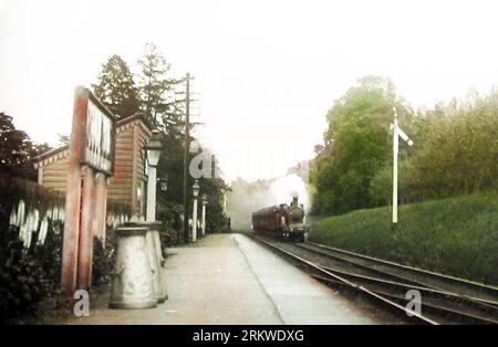 Steam train approaching Kirkham Station, Lancashire, early 1900s Stock Photo