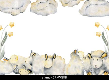 Aquarell Hand gezeichnete Illustration, süße Baby Schaf mit Wolken und magischen Sternblumen. Rahmenrahmen isoliert auf weißem Hintergrund. Strukturierter Effekt Stockfoto