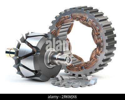Rotor und Stator des Lichtmaschinengenerators oder Elektromotors, auf weiß isoliert. 3D Abbildung Stockfoto