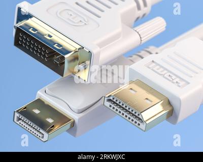 HDMI-, DisplayPort- und DVI-Kabel. Die gängigsten Arten von digitalen Videokabeln und Display-Steckverbindern. 3D Abbildung Stockfoto