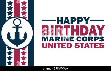 Happy Birthday Marine Corps United States. Urlaubskonzept. Vorlage für Hintergrund, Banner, Karte, Poster mit Textbeschriftung. Vektor Stock Vektor