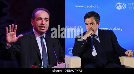 Bildnummer: 58720211  Datum: 18.11.2012  Copyright: imago/Xinhua PARIS - The combination photo shows the file picture of the former French Prime Minister Francois Fillon (R) taken in Paris on May 25, 2011 and that of UMP general secretary Jean-Francois Cope (L) taken on Feb. 12, 2011 in Paris. Fillon and Cope both claimed victory in a battle for the leadership of the opposition right-wing UMP party and the party s populist secretary-general which was held on Nov. 18, 2012. (Xinhua/Gao Jing) FRANCE-POLITICS-UMP-ELECTION PUBLICATIONxNOTxINxCHN People Poltik x2x xac 2012 quer o0 Fotomontage     5 Stock Photo