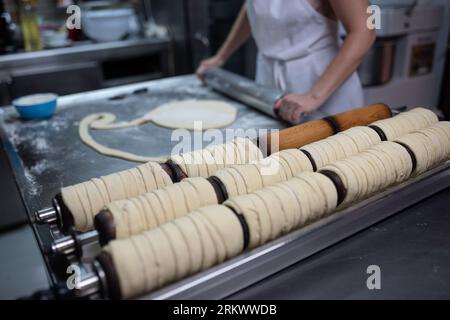 Das Mädchen rollt den Teig für ungarische Brötchen aus Stockfoto