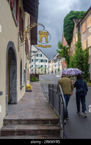 Sargans, Schweiz - 26. Juli 2023: Altstadt von Sargans, eine politische Gemeinde und historische Stadt im Schweizer Kanton St. Gallen und der Cent Stockfoto