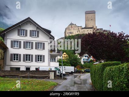 Sargans, Schweiz - 26. Juli 2023: Ein Blick auf das Schloss von Sargans, einer politischen Gemeinde und historischen Stadt im Schweizer Kanton St. Gallen Stockfoto