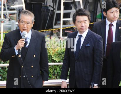 Bildnummer: 58870449  Datum: 04.12.2012  Copyright: imago/Xinhua (121204) -- OSAKA, Dec. 4, 2012 (Xinhua) -- Former Tokyo Governor and Japan Restoration Party leader Shintaro Ishihara (1st L) delivers a speech during an election campaign at downtown Umeda of Osaka, Japan, on Dec. 4, 2012. Campaigns for Japan s House of Representatives election slated for Dec. 16 kicked off Tuesday. (Xinhua/Ma Xinghua) (syq) JAPAN-OSAKA-ELECTION-CAMPAIGN PUBLICATIONxNOTxINxCHN People Politik x0x xds 2012 quer      58870449 Date 04 12 2012 Copyright Imago XINHUA  Osaka DEC 4 2012 XINHUA Former Tokyo Governor and Stock Photo