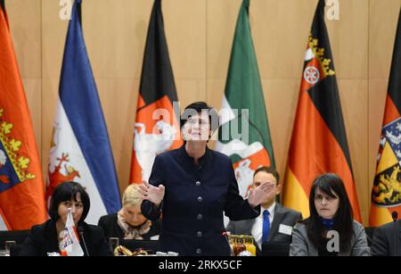 Bildnummer: 58892245  Datum: 06.12.2012  Copyright: imago/Xinhua BERLIN, Dec. 6, 2012 -- Thüringen State Premier Christine Lieberknecht addresses a meeting of state heads in Berlin, Germany, Dec. 6, 2012. German state premiers unanimously agreed Thursday to seek a legal ban on the far-right National Democratic Party (NPD)  (Xinhua/Ma Ning) (lyx) GERMANY-STATE PREMIERS-FAR-RIGHT PARTY-OUTLAW PUBLICATIONxNOTxINxCHN Politik People Verbot Verbotsverfahren Innenministerkonferenz Innenminister premiumd x1x xac 2012 quer     58892245 Date 06 12 2012 Copyright Imago XINHUA Berlin DEC 6 2012 Thuringia Stock Photo