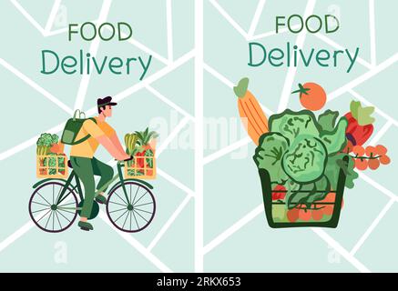 Online order, Courier on bike delivers fresh vegetables and fruits from a virtual grocery market. Ecological fast delivery home and office. Online order tracking. Vector illustration. Stock Vektor