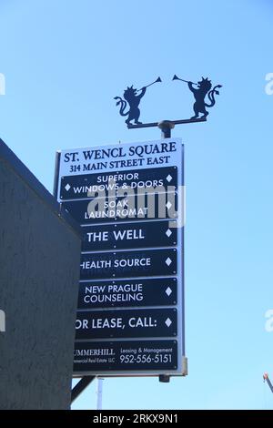 New Prague, United States. 15th Aug, 2023. Sign on the main street, New Prague (USA) Credit: Martin Weiser/CTK Photo/Alamy Live News Stock Photo