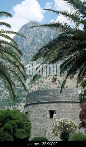 Kotor, kostbare kleine Stadt in Montenegro an der Bucht von Kotor. Scannen analoger Fotos von 2005. Stockfoto