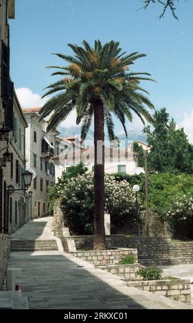 Historischer Teil von Herzeg Novi, Montenegro, im Sommer 2005. Scannen des analogen Fotos. Stockfoto