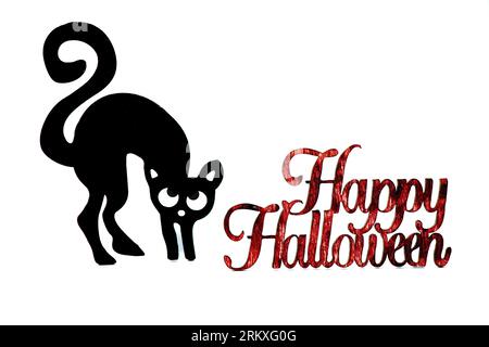 Hppy Halloween Katze und Schild isoliert auf weißem Hintergrund. Stockfoto