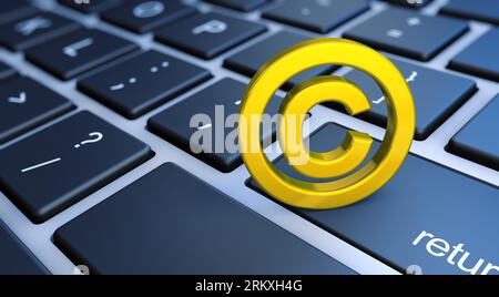 Copyright geistiges Eigentum und digitales Urheberrecht konzeptionelle 3D-Illustration mit goldenem Symbol und Symbol auf einer Laptop-Tastatur. Stockfoto