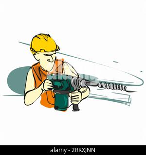 Ein Baumeister in einem Helm mit einer Bohrmaschine. Isoliertes Vektorobjekt von Hand auf weißem Hintergrund Stock Vektor