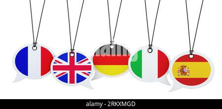 Mehrsprachiger Kundendienst und internationale Call Center-Unterstützung in mehrsprachigen Konzepten mit französischer, englischer, deutscher und italienischer Flagge Stockfoto