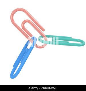 Drei Clips 3D Icon School. Volumetrisches Werkzeug für Papier und Dokumente. Stabiler Halter in Blau, Pink und Grün zum Anbringen von Zeichnungen und Skizzen. Heften Stockfoto