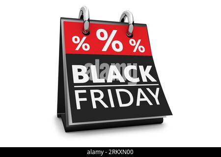 Black friday Sale Thanksgiving Day und Christmas Shopping Deals Rabattkonzept mit schwarzem freitag Text und Prozentzeichen auf schwarzem und rotem Kalender. Stockfoto