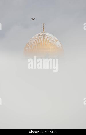 Bildnummer: 59017162  Datum: 10.01.2013  Copyright: imago/Xinhua JERUSALEM, Jan. 10, 2013 - A bird flies past a snow-covered Dome of the Rock on the compound known to Muslims as al-Haram al-Sharif and to Jews as Temple Mount in Old City of Jerusalem, on Jan. 10, 2013. (Xinhua/Yin Dongxun) (zjl) MIDEAST-JERUSALEM-SNOWFALL PUBLICATIONxNOTxINxCHN Gesellschaft Winter Schnee Wetter Jahreszeit x2x xac 2013 hoch o0 Tempelberg Mosche Al Aqsa Kuppel Schnee Religion Islam     59017162 Date 10 01 2013 Copyright Imago XINHUA Jerusalem Jan 10 2013 a Bird FLIES Past a Snow Covered Dome of The Rock ON The Co Stock Photo