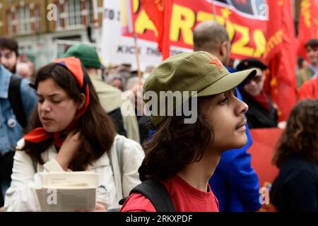 Marschierer treffen sich im Clerkenwell Green zum Londoner International Workers' Day march und Rallye. Mai Day, auch als International Workers' Day oder bekannt Stockfoto