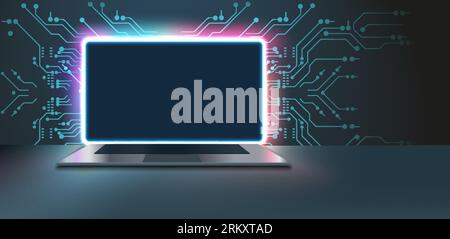 blank screen and a desk in a dark room with blue lighting. Technological background with a laptop. Vector illustration Metallic Laptop Mock-Up on stan Stock Vector