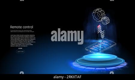 Interface for Smartphone app. Vector Smartphone with digital logo smart home stand at iot icons. Smart phone controls devices of smart home Digital te Stock Vektor