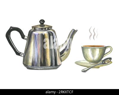 Aquarellillustration Zusammensetzung der Metallteekanne, Porzellantasse des heißen Tees mit Untertasse, Löffel und Dampf isoliert auf weißem Hintergrund, handgezeichnet Stockfoto