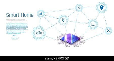 Banner der Smart Home-Technologie. Das Gebäude besteht aus Zahlen und ist durch Symbole von intelligenten Haushaltsgeräten verbunden. Intelligente Heimverwaltung Stock Vektor