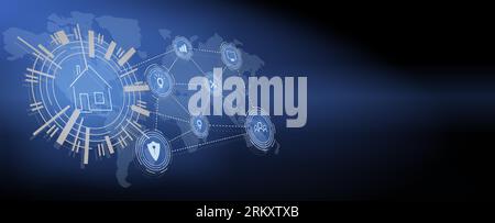 Banner der Smart Home-Technologie. Das Gebäude besteht aus Zahlen und ist durch Symbole von intelligenten Haushaltsgeräten verbunden. Intelligente Heimverwaltung Stock Vektor