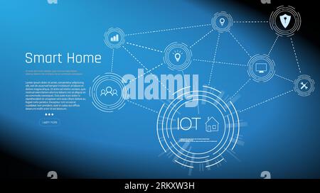 Banner der Smart Home-Technologie. Das Gebäude besteht aus Zahlen und ist durch Symbole von intelligenten Haushaltsgeräten verbunden. Intelligente Heimverwaltung Stock Vektor
