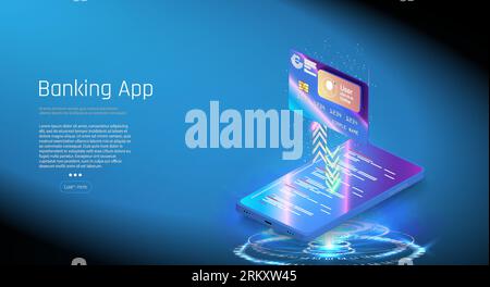 Futuristic glowing credit card, on a blue background, hologram.  Secure payment, payment protection concepts. Credit card with lock Gadget of future, Stock Vector