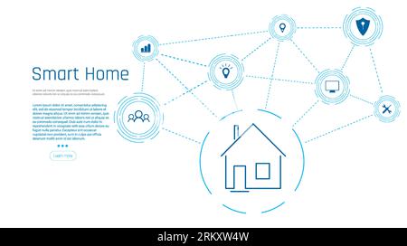 Banner der Smart Home-Technologie. Das Gebäude besteht aus Zahlen und ist durch Symbole von intelligenten Haushaltsgeräten verbunden. Intelligente Heimverwaltung Stock Vektor