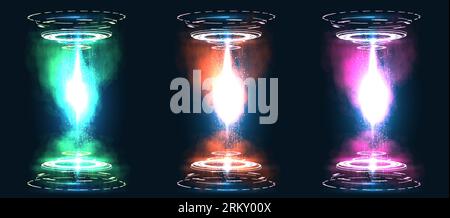 Kreisförmige Portale, ein Teleport mit Hologramm. Projektor oder Teleportation Podium des Magic Circle. Level-Up-Effekt. Realistisches Teleportationsportal. Stock Vektor