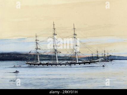 Golden Fleece lying at anchor in the roadstead 1929 by Jack Spurling Stock Photo