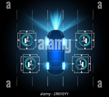 Driving suspension work control system without driver assistance. Safe driving. Vector Futuristic car user interface HUD UI Hologram of the car, scann Stock Vektor