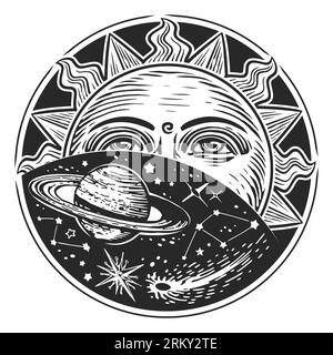 Space exploration, astronomy concept. Sun, stars and planets. Vintage illustration engraving style Stock Photo