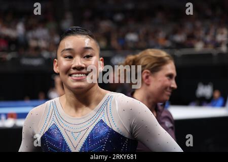 25. August 2023: Die Turnerin Leanne Wong während des ersten Turniers der Seniorinnen bei den United States Gymnastics Championships 2023. Der Wettbewerb findet im SAP Center in San Jose, Kalifornien, statt. Melissa J. Perenson/CSM Stockfoto