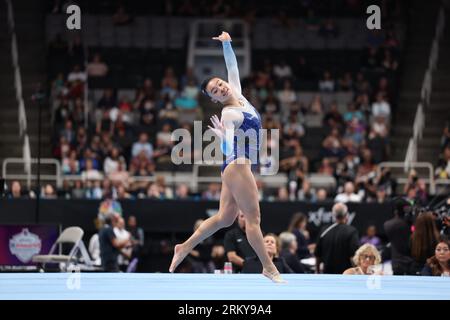 25. August 2023: Die Turnerin Leanne Wong während des ersten Turniers der Seniorinnen bei den United States Gymnastics Championships 2023. Der Wettbewerb findet im SAP Center in San Jose, Kalifornien, statt. Melissa J. Perenson/CSM Stockfoto