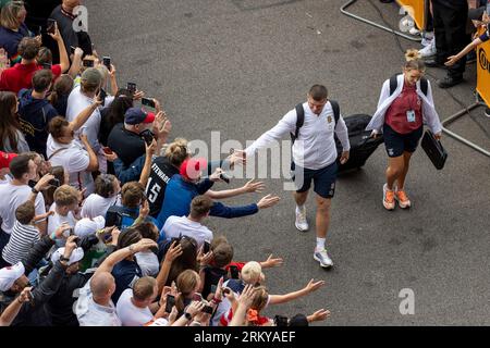 Twickenham Stadium, London, UK. 26th Aug, 2023. Summer Rugby International, England versus Fiji; Owen Farrell hi-fives fans as he arrives at Twickenham Credit: Action Plus Sports/Alamy Live News Stock Photo