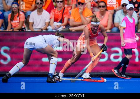 Monchengladbach, Deutschland. 26. August 2023. MONCHENGLADBACH, DEUTSCHLAND - AUGUST 26: Pien Dicke aus den Niederlanden dribbelt mit dem Ball während des Finalspiels der Frauen-EuroHockey-Champions 2023 zwischen den Niederlanden und Belgien im Hockeypark Monchengladbach am 26. August 2023 in Monchengladbach. (Foto: Rene Nijhuis/BSR Agency) Credit: BSR Agency/Alamy Live News Stockfoto